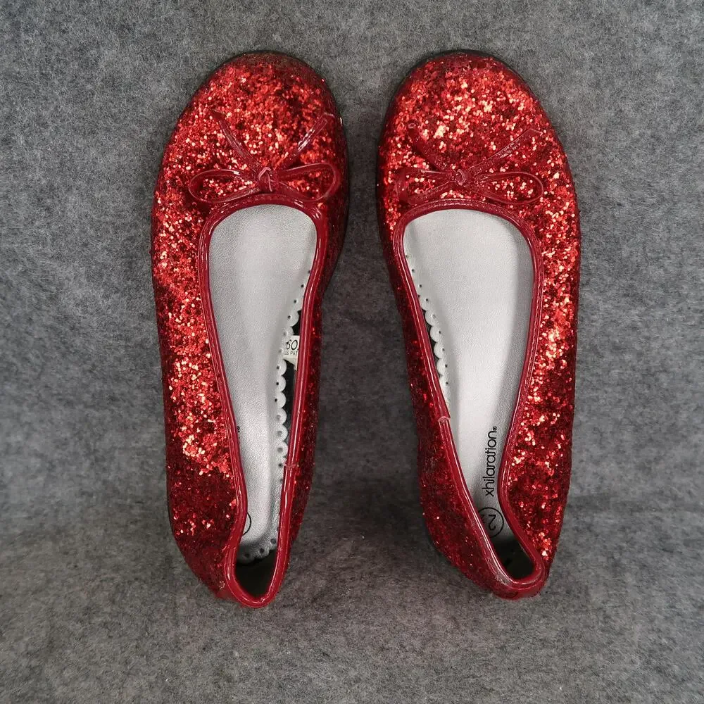 Xhilaration Shoes Kids Girls 2.5 Ballet Flats Red Glitter Bow Slip On Round Toe
